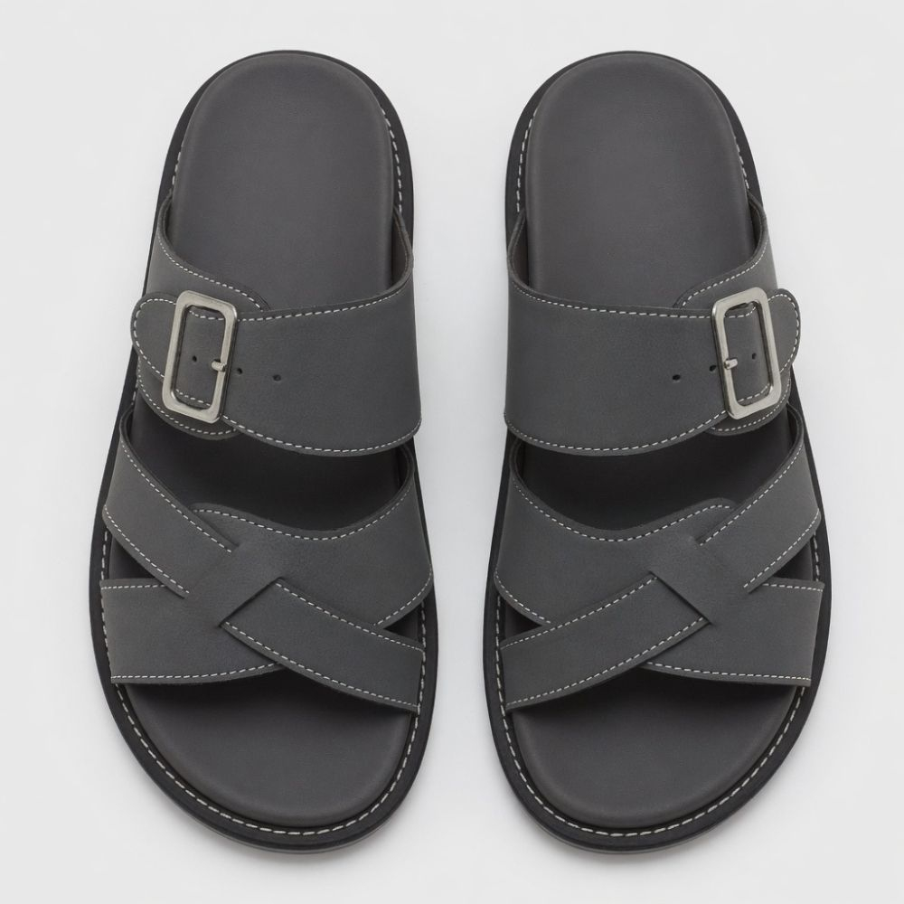Classic Grey Multi Strap Slide Sandals with Adjustable Buckle